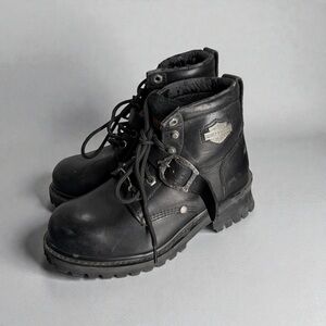 Harley-Davidson Black Leather Moto Biker Combat Buckle Lace-Up Boots